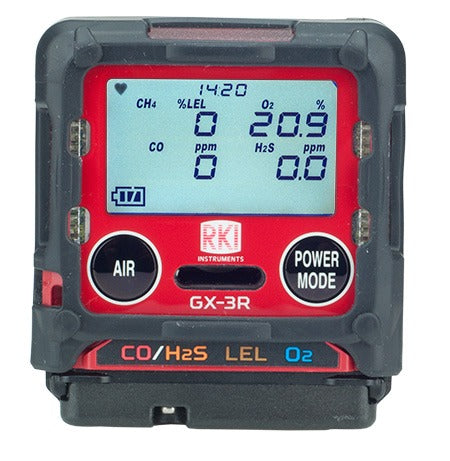 GX-3R personal 4-gas detector clipped in worker breathing zone