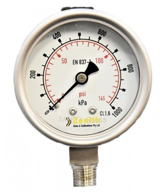 Stainless steel pressure gauge, 63mm dial, bottom entry 1/4 inch BSPT